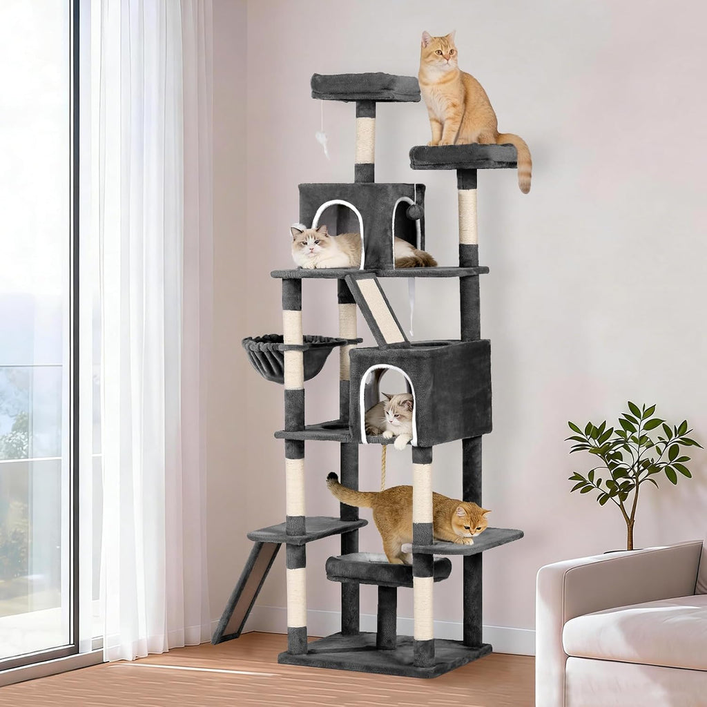 89 inch Cat Tree Tower - Extra Tall Multi-Level Cat Furniture with 2 Cozy Condos, Natural Sisal Scratching Posts, Plush Perches and Hammock for Large Indoor Cats (Black)