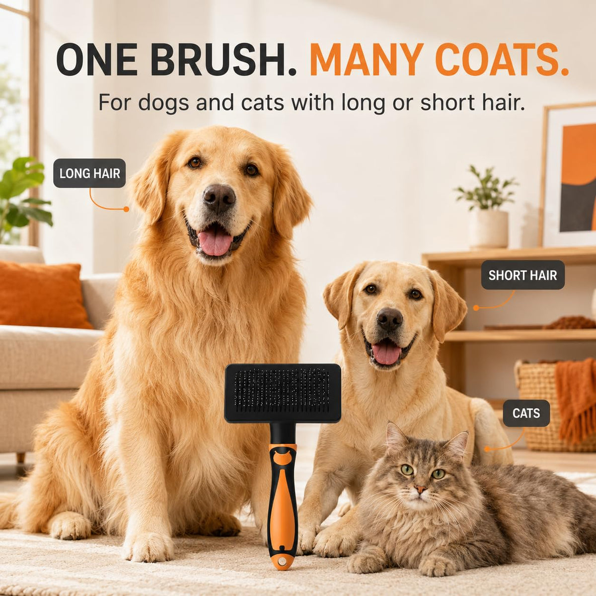 Self-Cleaning Slicker Brush for Dogs & Cats, Extra-Long Pins for Long & Short Hair, Large Grooming Brush for Deshedding, Detangling & Undercoat Removal, Orange