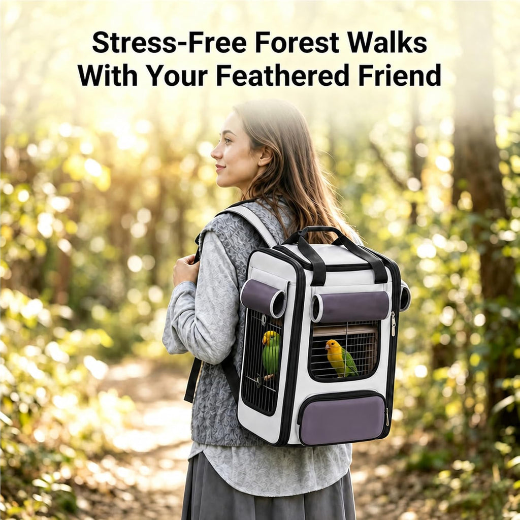 Bird Carrier Backpack, Breathable 3-Side Metal Mesh Bird Cage with Skylight, Large Opening Portable Travel Pet Cage for Parrot, Parakeet, Wildbird,Gray,Luxury