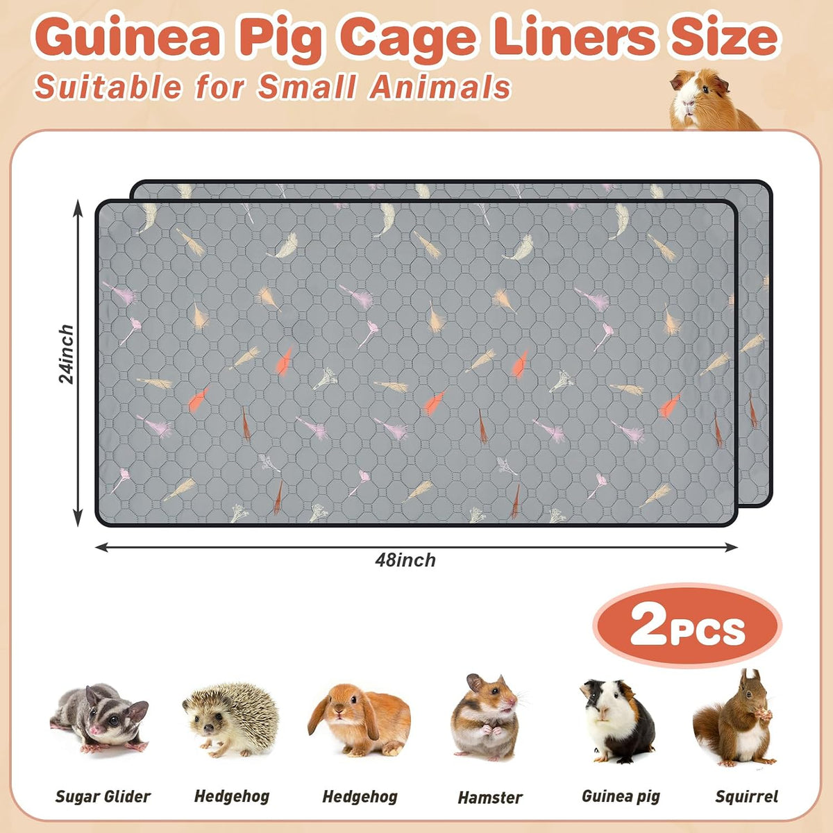 2Pcs Guinea Pig Cage Liners,Guinea Pig Fleece Cage Liners24''X48'' Super Absorbent Washable Pee Pads Reusable for Rabbit Hamster Chinchilla