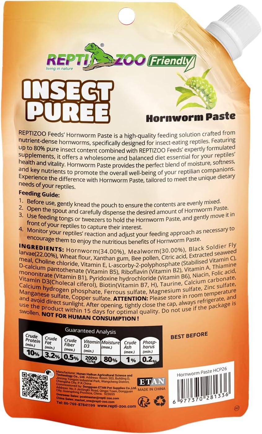 Crested Gecko Food Insect Puree, Hornworm Paste Reptile Food Made with Fresh Insects 2.82oz