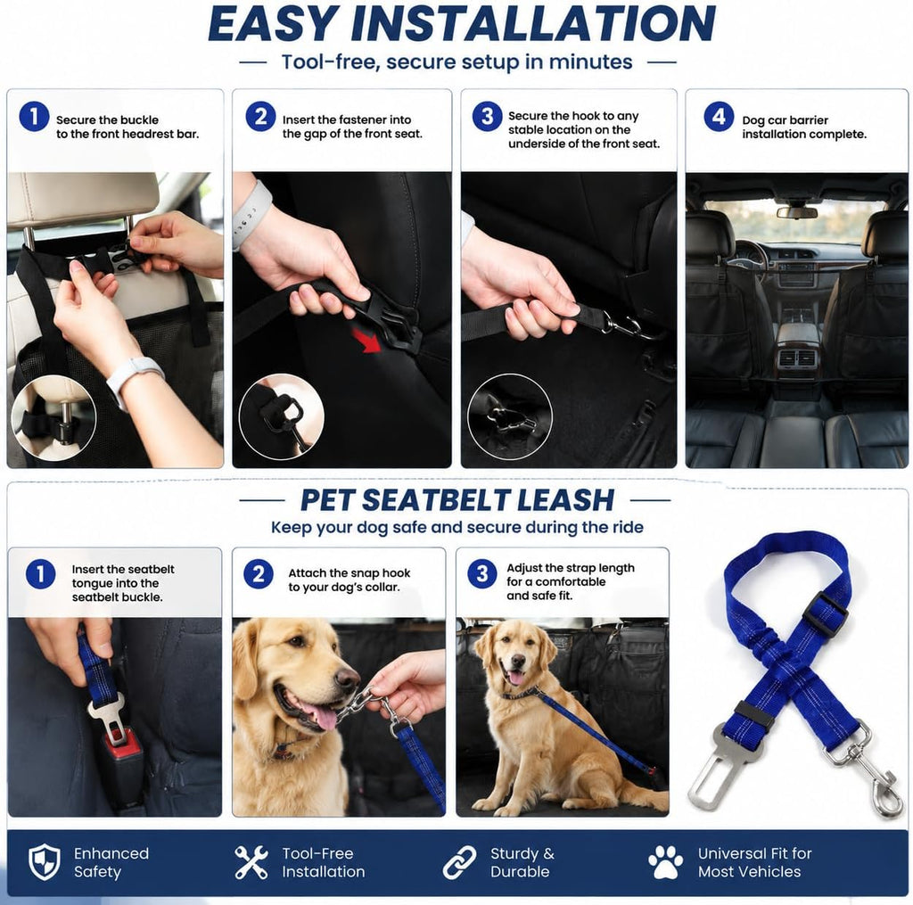 Dog Car Barrier Set with Organizer,Car Divider Net Include Pet Seat Belt