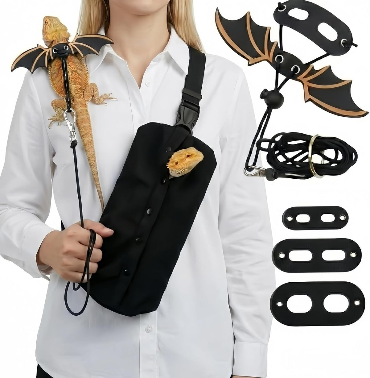 Bearded Dragon Carrier Sling & Bat Wing Leash Harness Set, Soft Flannel Reptile Travel Bag with 3 Size Chest Pads, Adjustable Outdoor Walking Accessories for Lizards Geckos (Black)