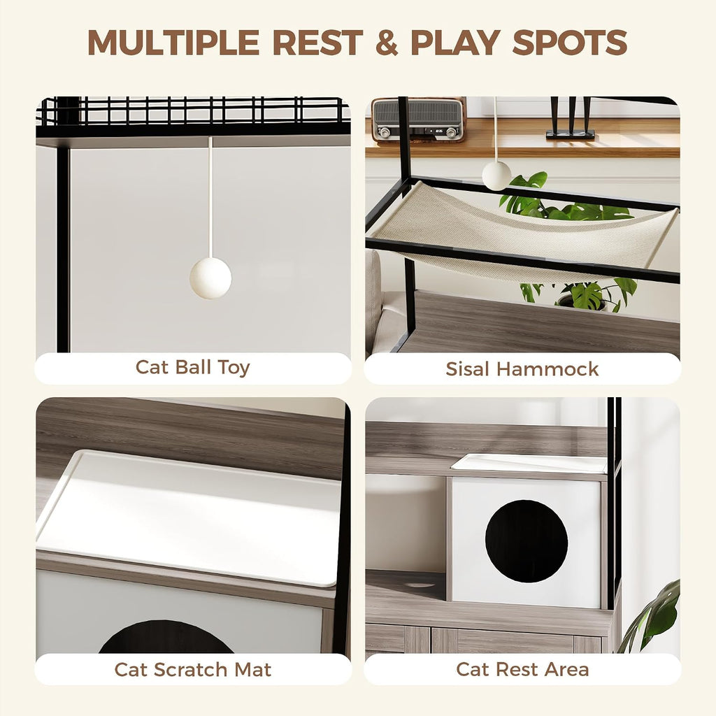 Hidden Cat Litter Box Enclosure Furniture with Storage Rack and Hammock