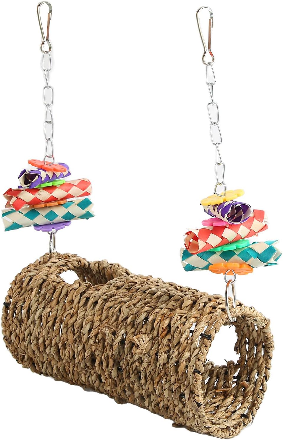 Grass Tunnel Toy Hanging Hideout for Birds and Small Animals with Seagrass Rope Bamboo Pieces and Colorful Tubes for Chewing Perching Sleeping