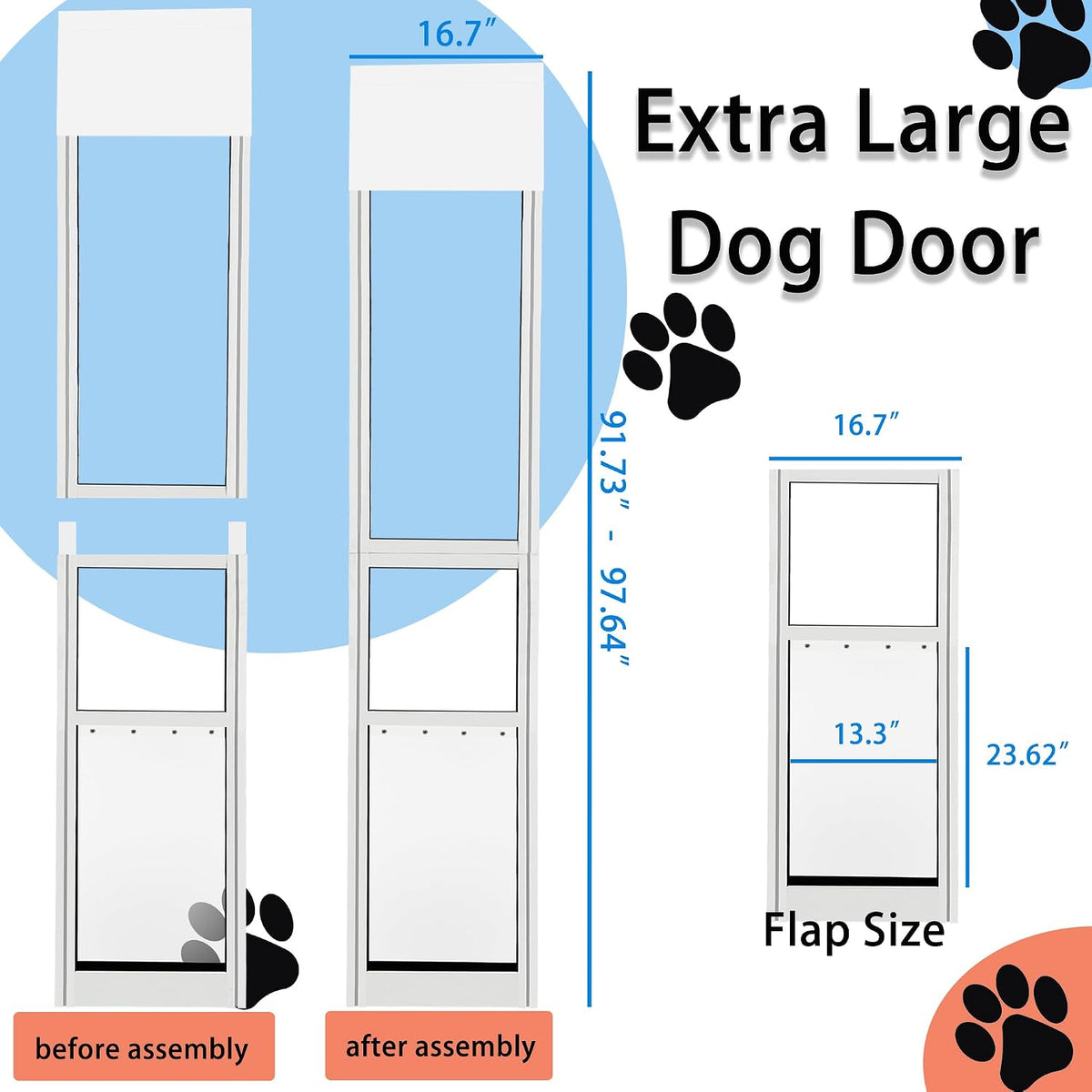XL Dog Door for Sliding Glass Doors,91.73"-97.64" Adjustable Height