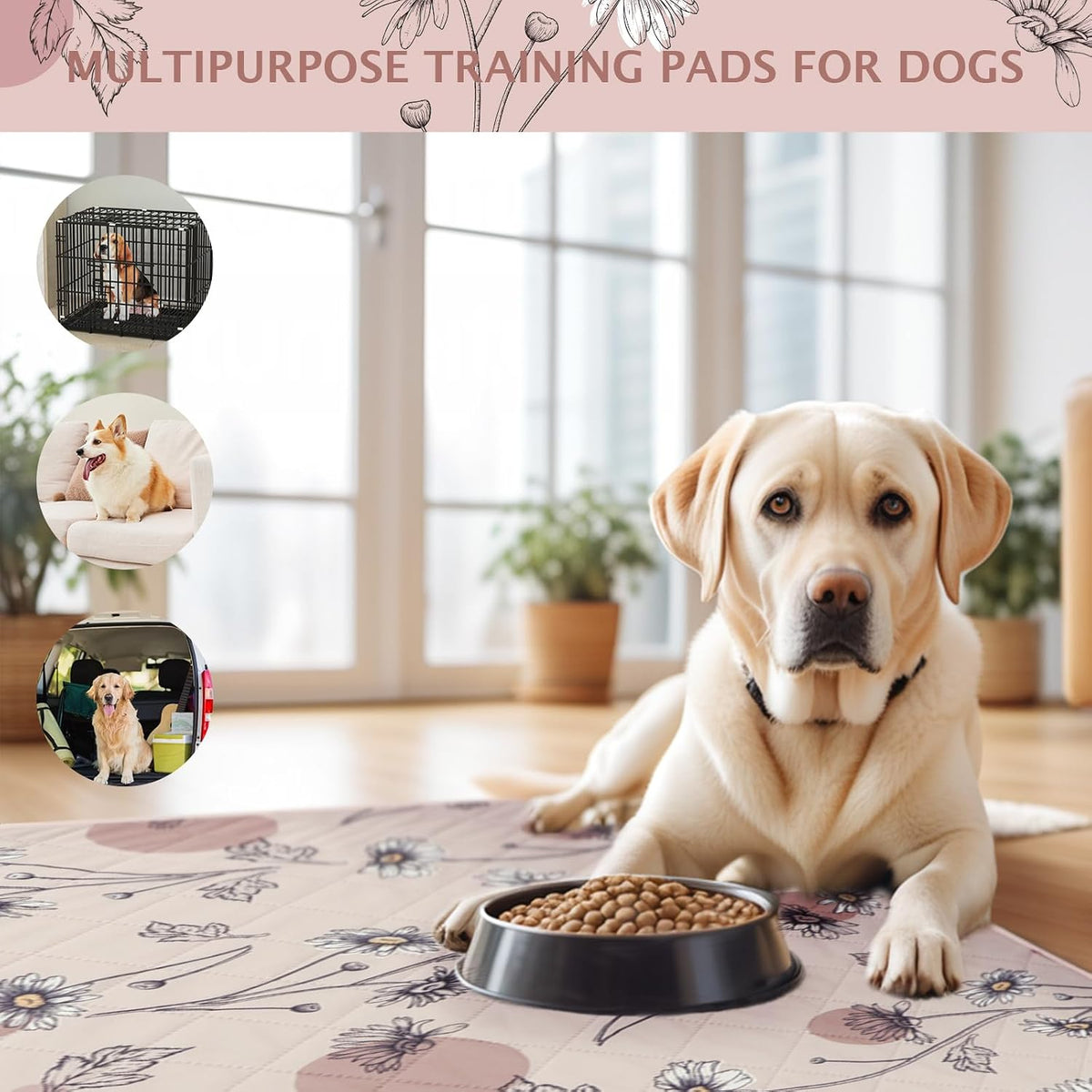 IEUUMLER Washable Pee Pads for Dogs, 2 Pack Non-Slip & Waterproof Pack Whelping Pad, Reusable Washable Puppy Potty Training Pad with Fast Absorbent for Playpen EU007 (Pink Daisy, 36"X24"-2pcs)