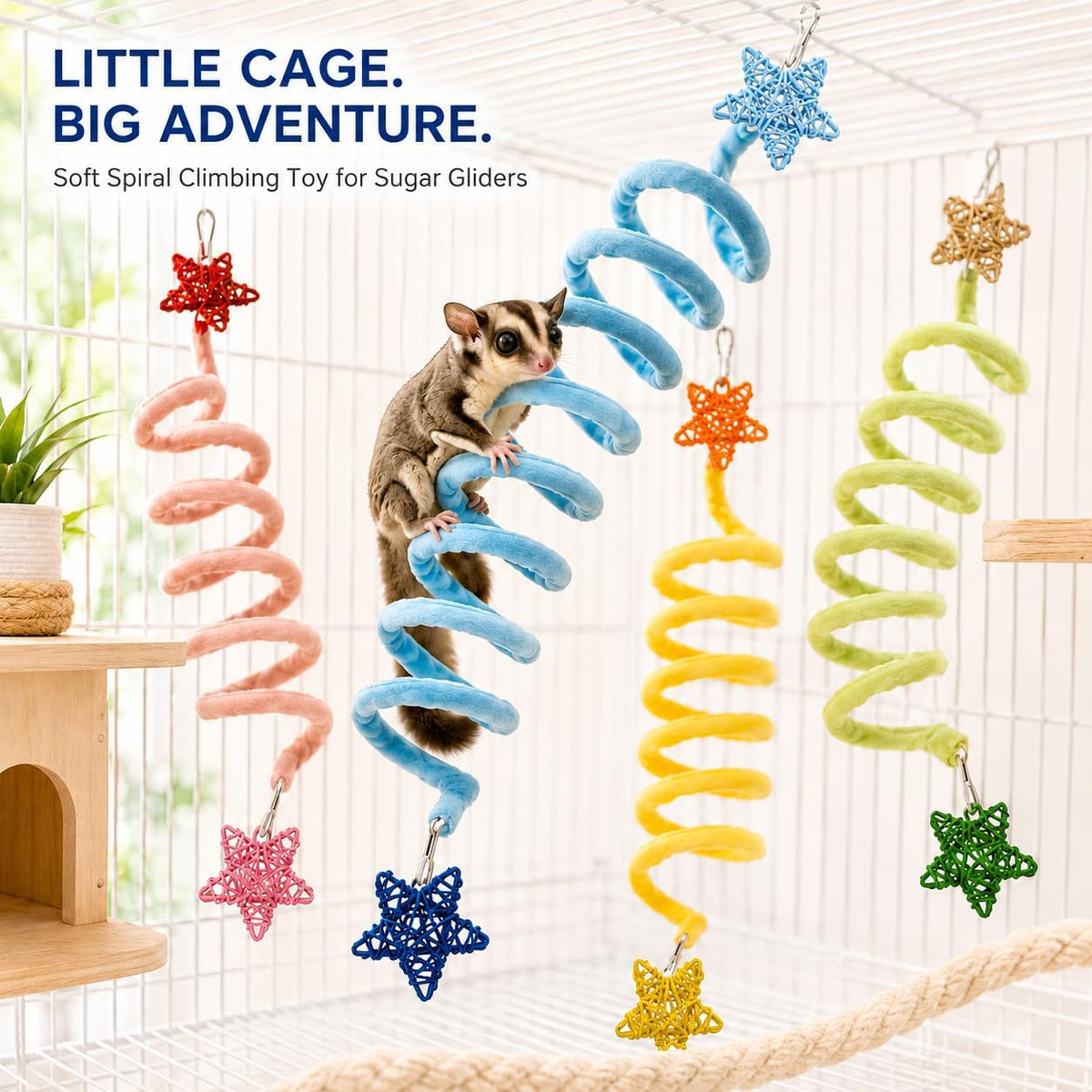 4-Pack Sugar Glider Climbing Toys, Elastic Spiral Cage Ropes