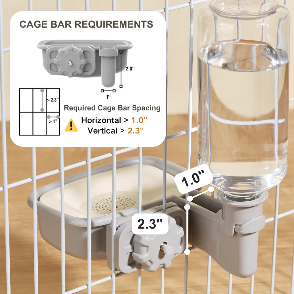 Pet Water Bottle for Cage, Anti-Overflow Gravity Water Bowl Dispenser for Puppies, Cats, Rabbits, Ferrets, Guinea Pigs, and Other Small Animals (Gray, 16oz)