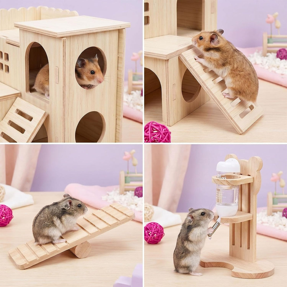 26 Pcs Hamster Cage Accessories, Silent Wheel & Wood House Set