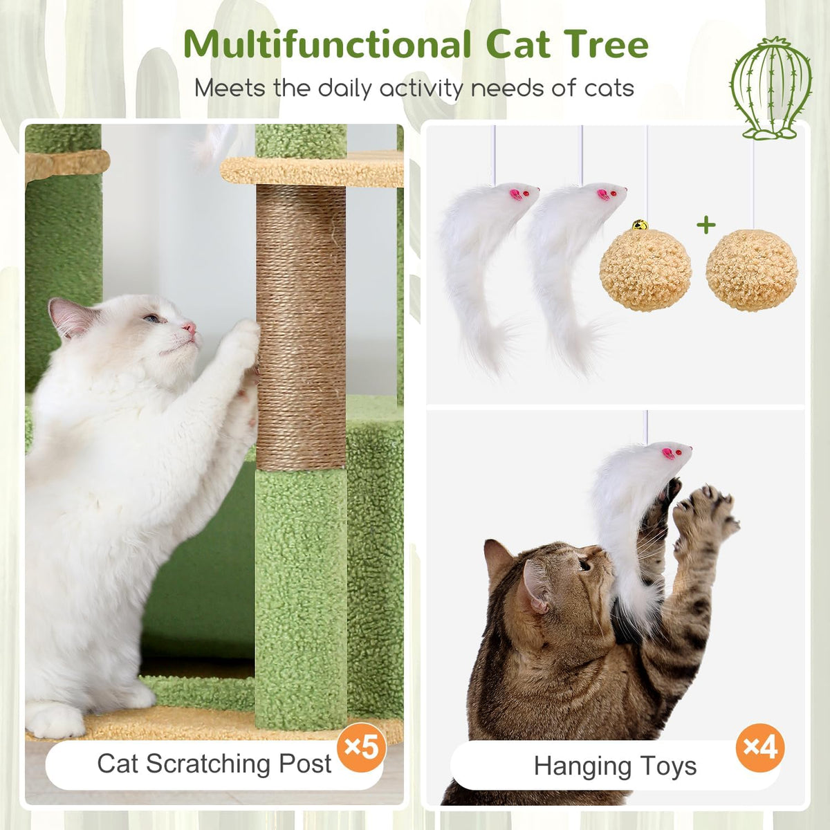 Globlazer Cactus Large Cat Tree, 80 inch Tall Climbing Tower, F80F, Green