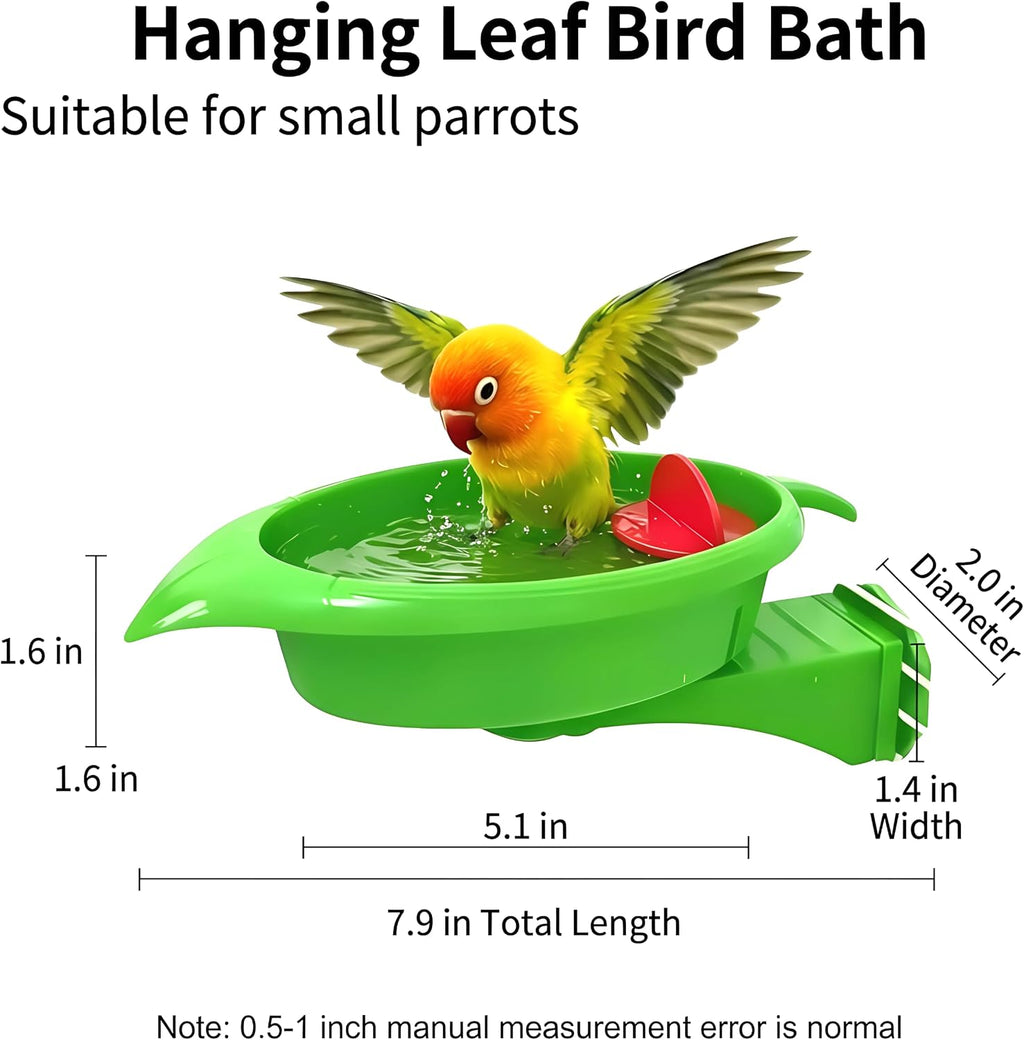 Bird Bath for Cage, Hanging Leaf Bird Bathtub with Easy Clean Detachable Basin, Parrot Cage Bath Bowl for Parakeets, Budgies, Cockatiels, Lovebirds & Small Birds, Bonus Mirror Toy & Grooming Perch