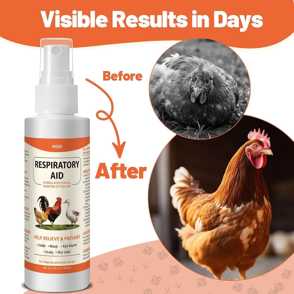 Respiratory Aid for Chicken, Poultry Supplement for Coughing, Sneezing & Nasal Relief, All-Bird Safe Formula, Drinking Water Additive, Dropper & Spray Top Included, 4Oz (118ml) Natural Liquid