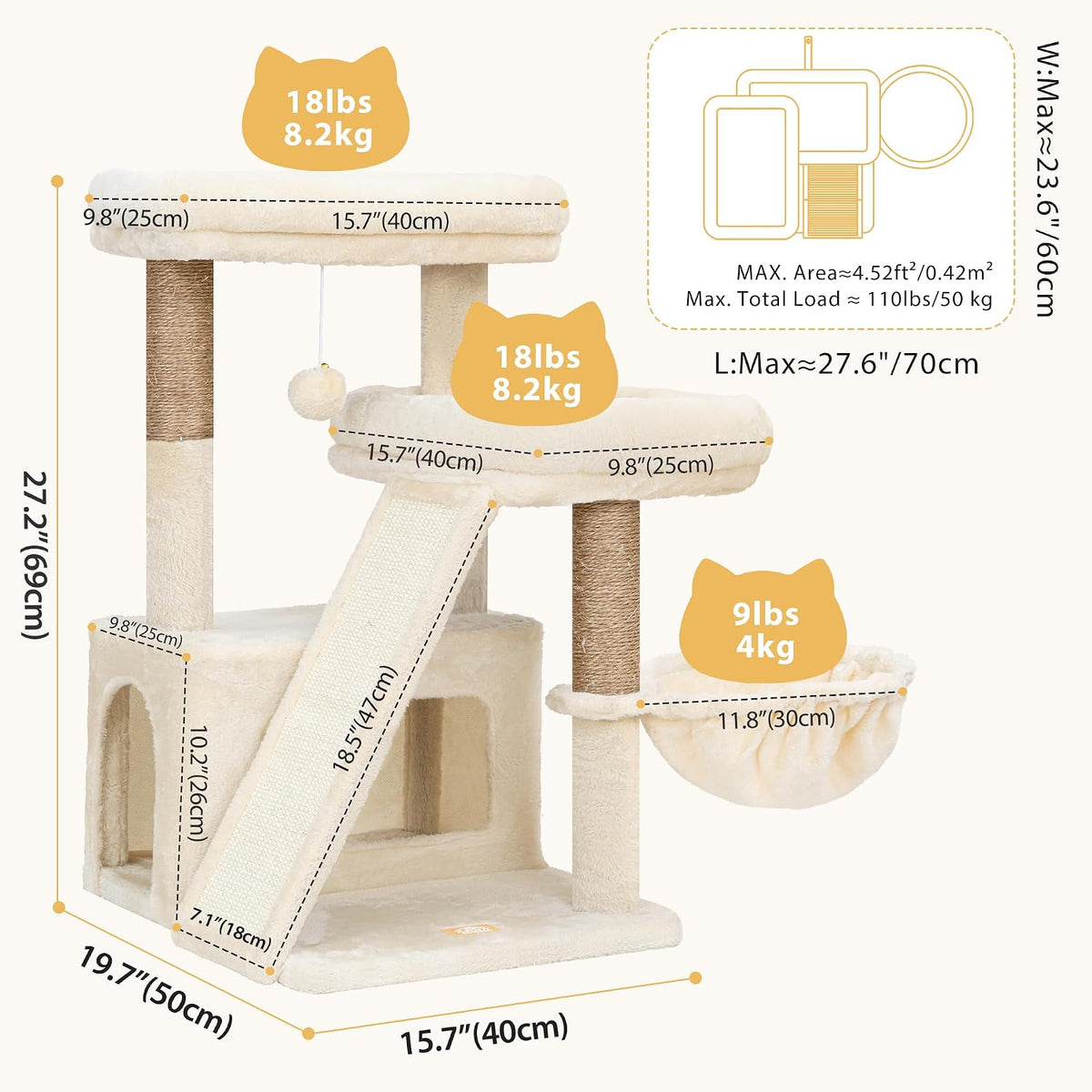 Heybly Compact Cat Tree with Big Scratcher, Stable Cat Tower HCT206SMJ