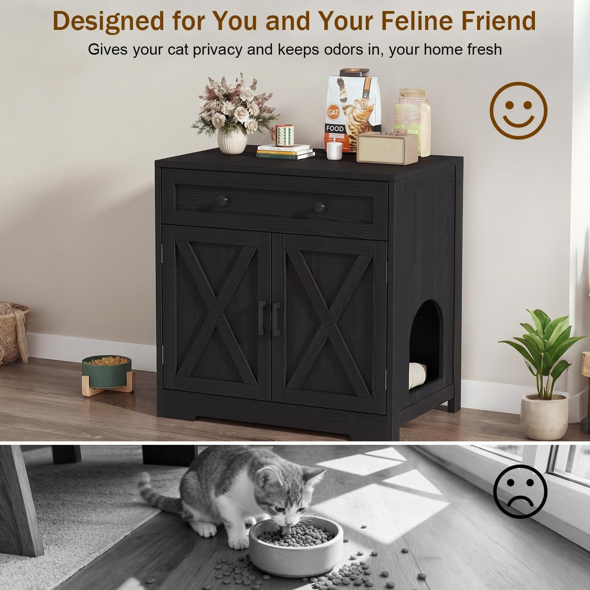 knoworld Cat Litter Box Enclosure with Storage Drawers,Black