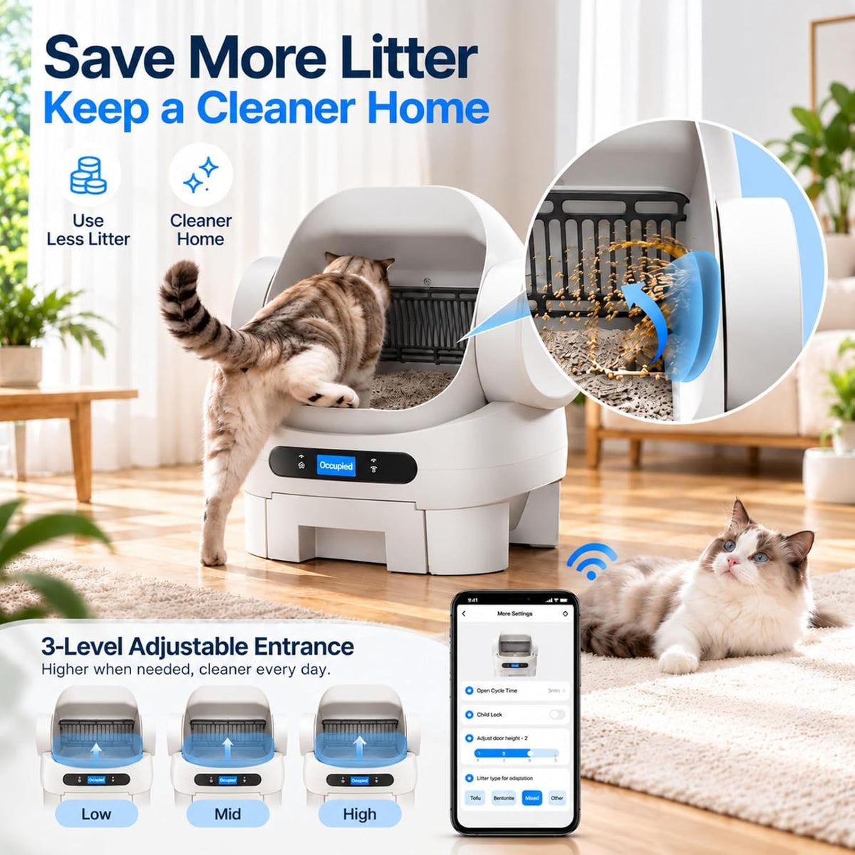Open-Top Automatic Cat Litter Box, Self Cleaning Litter Box for Multiple Cats, 10 Safety Sensors, Large Capacity with APP Control, Noise&Odor Control Robot, LED Display, Hands-Free, White