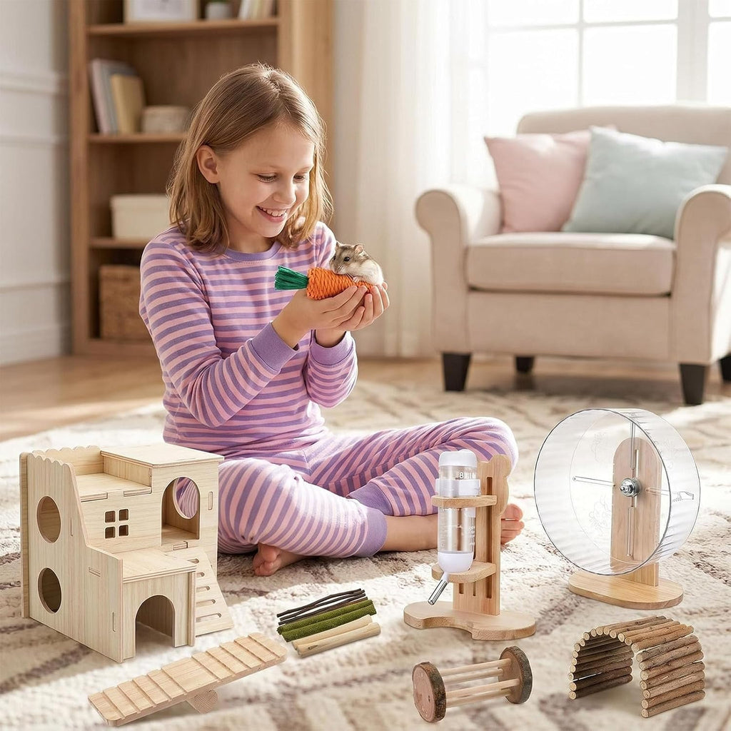26 Pcs Hamster Cage Accessories, Silent Wheel & Wood House Set