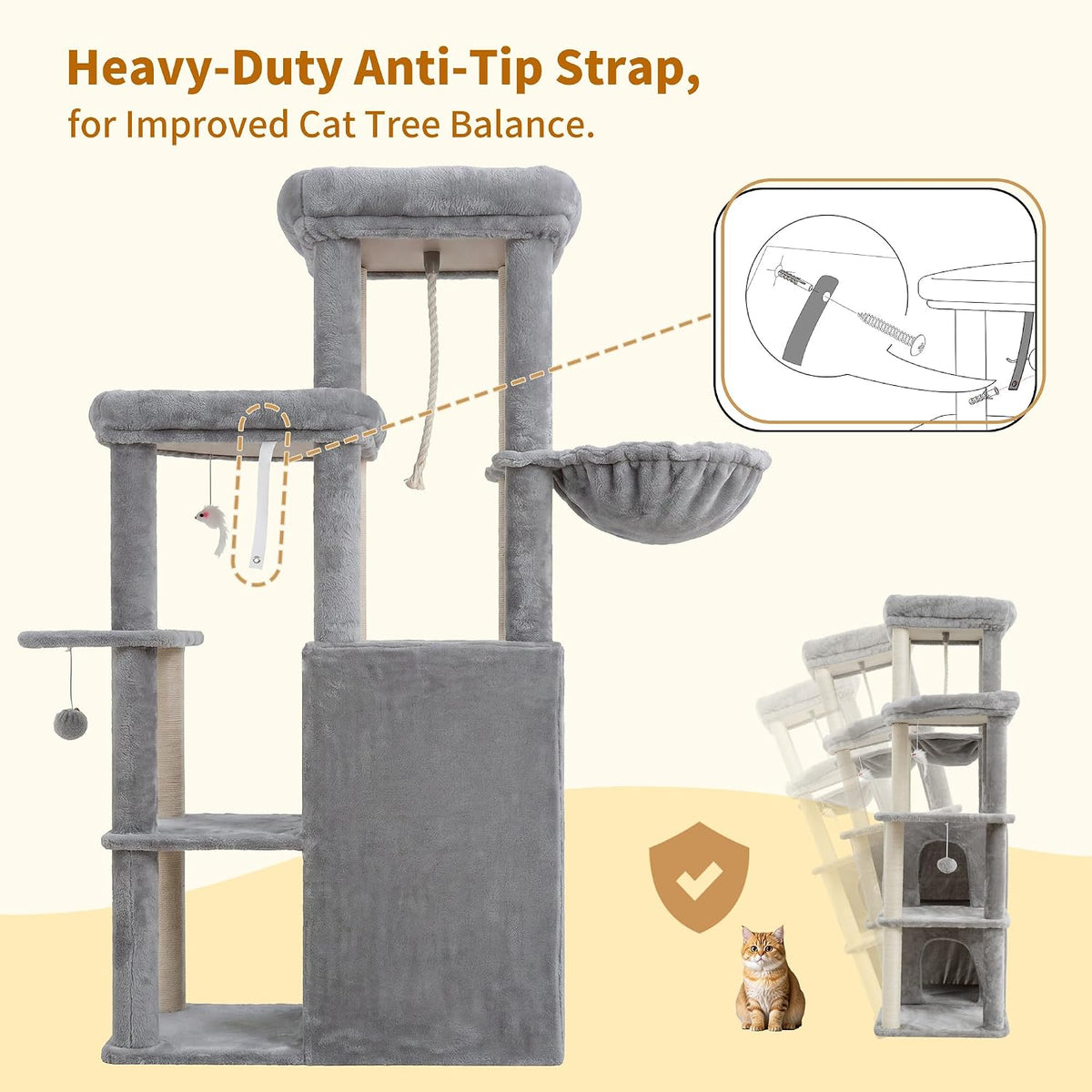 Heybly Cat Tree, 59.4" Secure Anti-Tip Cat Tower for Large Cats HCT055W