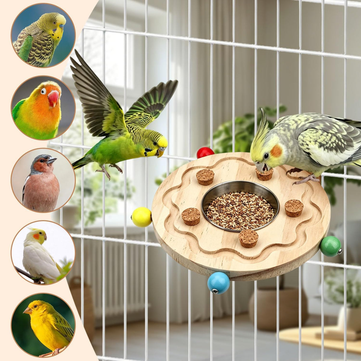 Litewoo Wood Bird Perch Stand with Feeding Cup Parrot Platform Chew Toys