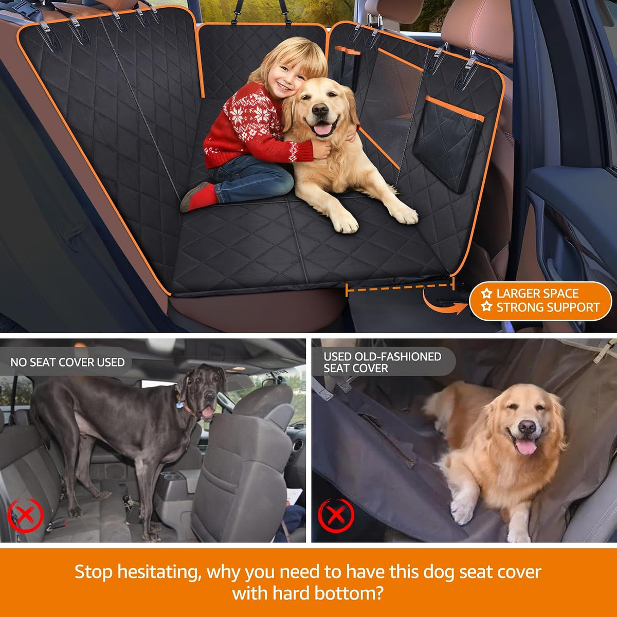Car Seat Cover for Dogs Offer Large Space Hard Bottom Back Seat Extender Support 420LB, Waterproof Dog Hammock Protects Rear Seat from Fur, Scratches and Dirt for Car/SUVs Easy to Clean