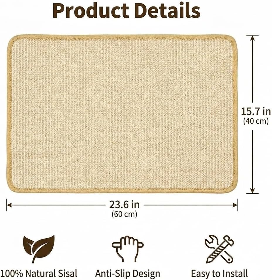 Cat Scratcher Mat, Sisal, Jute Border, Sofa & Floor Protector, 23.6x15.7in