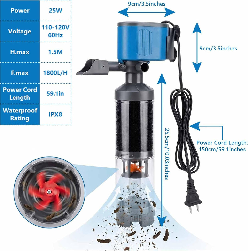 25W 5-in-1 Aquarium Pump w/Replaceable Sponge Filter Cartridge, 475.5 GPH, 3.3 FT Head, Oxygenates Supply,Filters & Purifies Water,Boosts Circulation,Removes Fish Waste,Water Changes, Clear Tanks