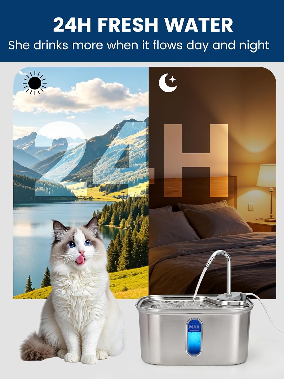 Cat Water Fountain Stainless Steel for Cats Indoor 2.5L 85oz by BPA-Free SUS304, Effective 6-Layer Filter Cat Fountain for Drinking 15dB Ultra Quiet Metal Pet Water Fountain (Fountain+1 Filter)