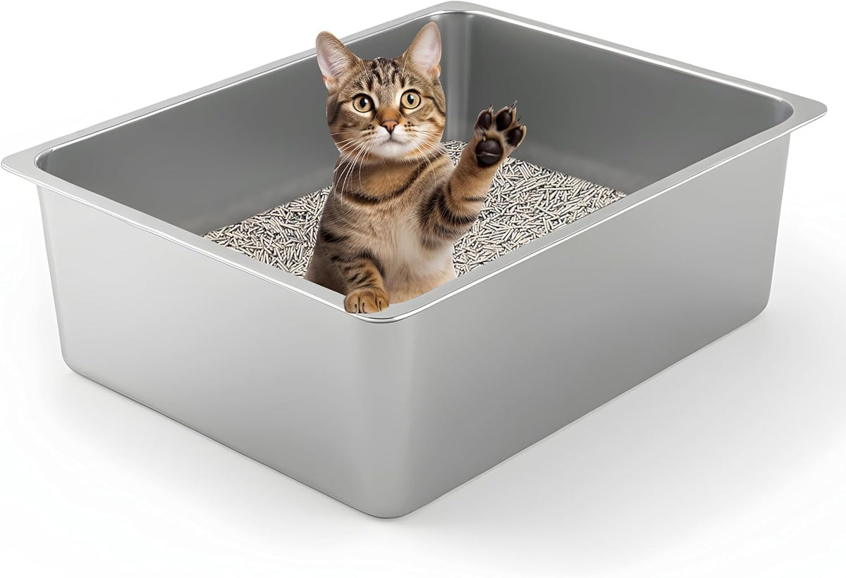 Kirecoo Large High Sided Stainless Steel Cat Litter Box, Non-Stick