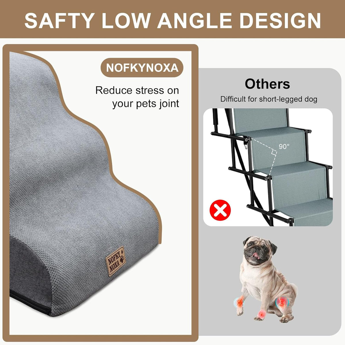 3-Step Dog Stairs for Small Dogs & Cats, 15.7" H Non-Slip Pet Steps with Side Storage Pocket, Sturdy High Density Foam Dog Ramp for Sofa, Couch & Chair, Washable Cover, Grey