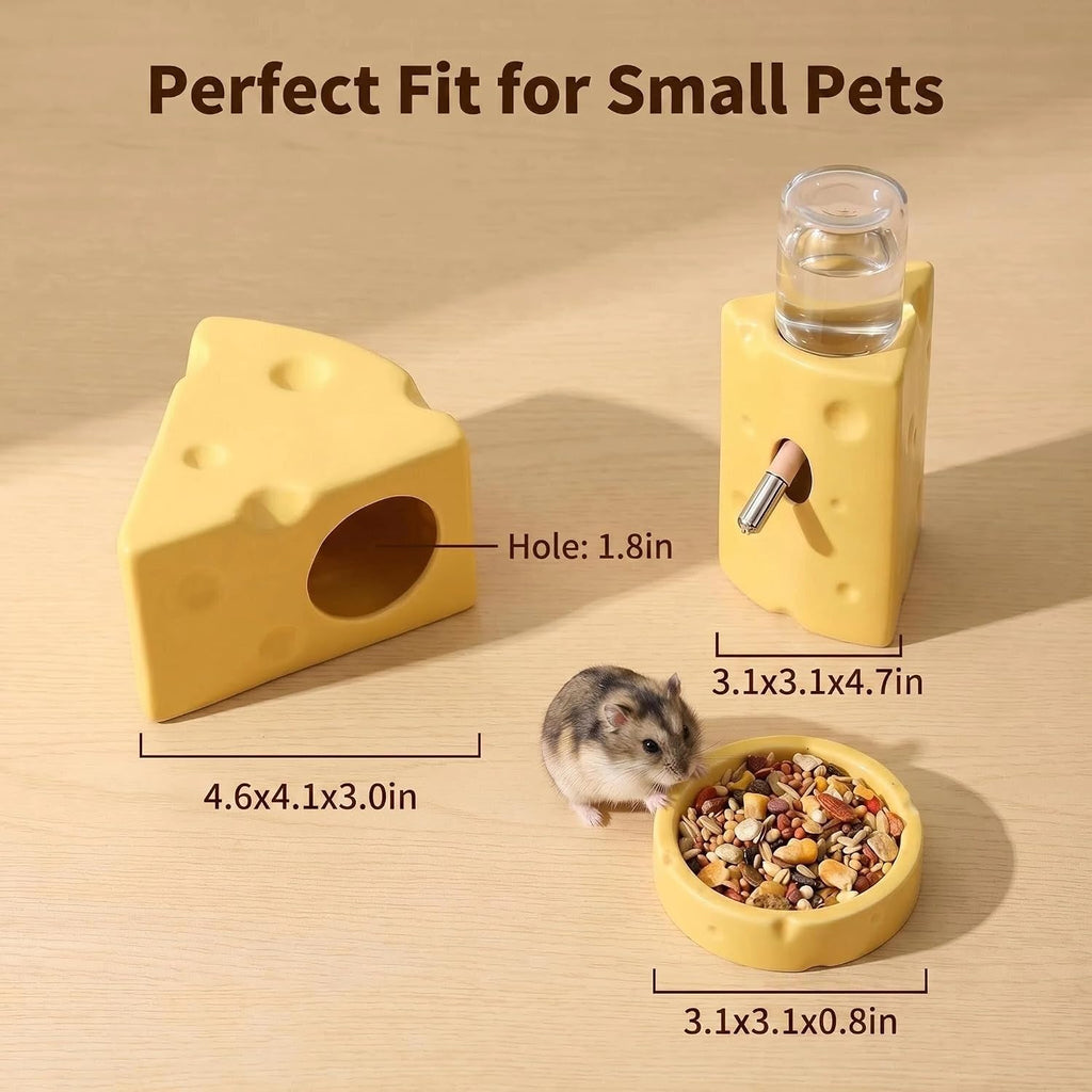 Hamster Cage Accessories Cheese Shaped Cooling Ceramic Hideout Set, 4-Piece Small Pet Supplies with 125ml No Drip Water Bottle, Anti-Tip Food Bowl for Syrian Dwarf Hamster Gerbil Hedgehog Cage Decor