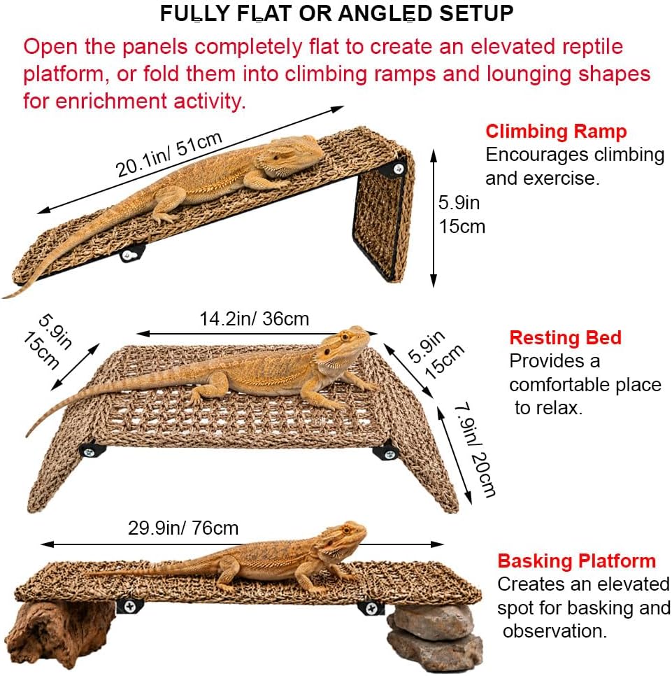 Foldable Bearded Dragon Bed with Reinforced Steel Frame, Adjustable 3-Panel Seagrass Reptile Lounger, Multi-Angle Climbing Ramp, Basking Platform & Lizard Hammock for Reptile Tank Accessories