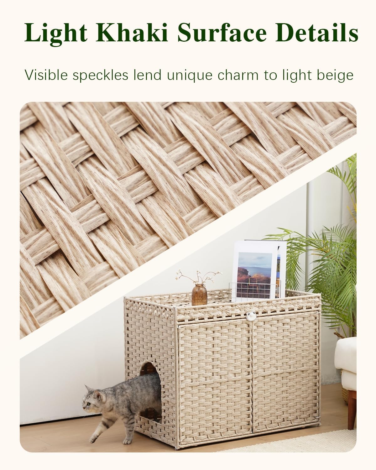 SETVSON Cat Litter Box Enclosure, XL Hidden PE Rattan, Light Khaki