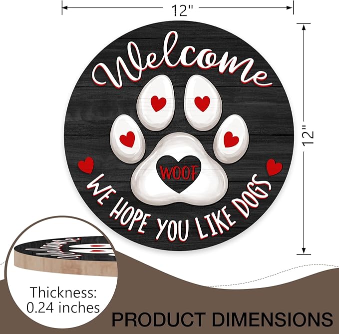 Deroro Welcome We Hope You Like Dogs Front Door Sign, Dog Cat Paw Print Black - Image 2