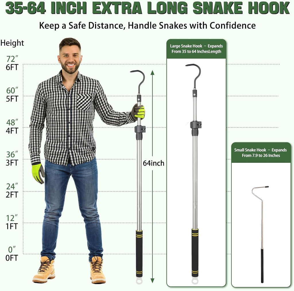 2pcs Snake Hook Set, Telescopic Snake Catcher Stainless Steel Snake Handling Tool for Moving Ball Rattlesnakes Python Copperhead with Long Handle (35-64inch&26inch)