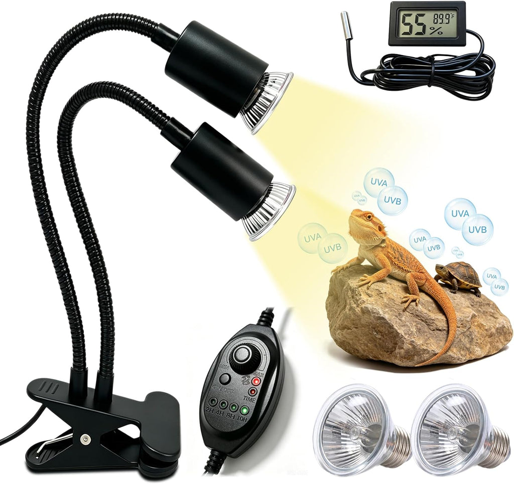 Dual-Head Reptile Heat Lamp with Timer & Waterproof Metal Probe Hygrothermograph, 2×25W UVA UVB Basking Light for Turtle Lizard Snake Bearded Dragon