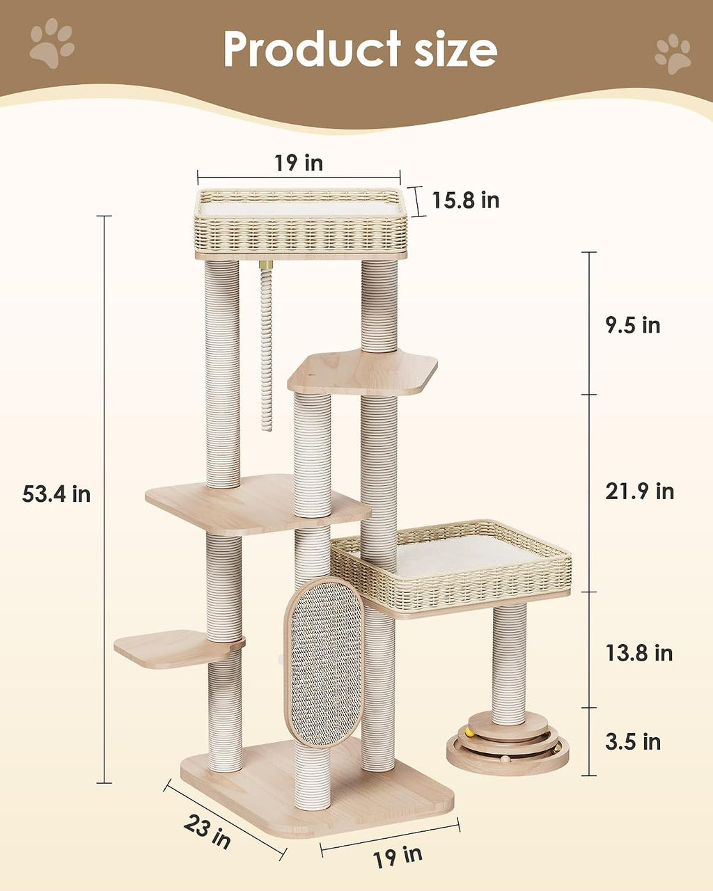 Modern Cat Tree, 53.4 Inches Wooden Multi-Level Cat Tower with Scratching Posts, Sisal Board, Condo, Plush Perch & Toy Ball, Pet Activity Center for Adult Cats