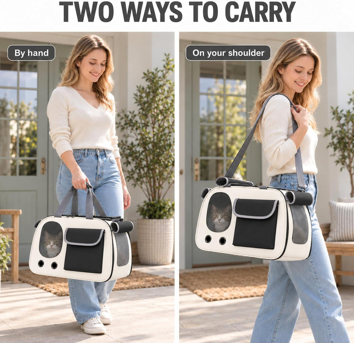 Soft-Sided Cat Carrier,17.7x10.2x11in,Foldable,Cream and Black
