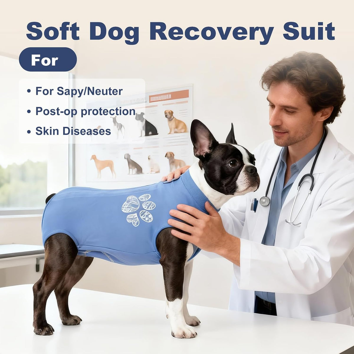 Dog Recovery Suit Adjustable, Not Fit Slim and Long Body, Dogs Suit for Surgery Recovery, L Size, Anti-Licking Surgical Dog Onesies, Blue & Paw