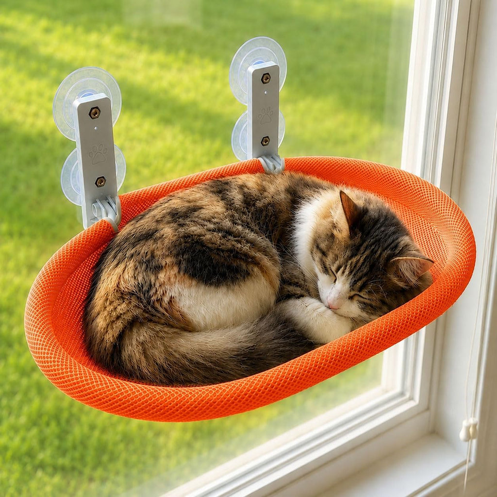 Foldable Cat Window Perch with Suction Cups & Grey Breathable Mesh Cover