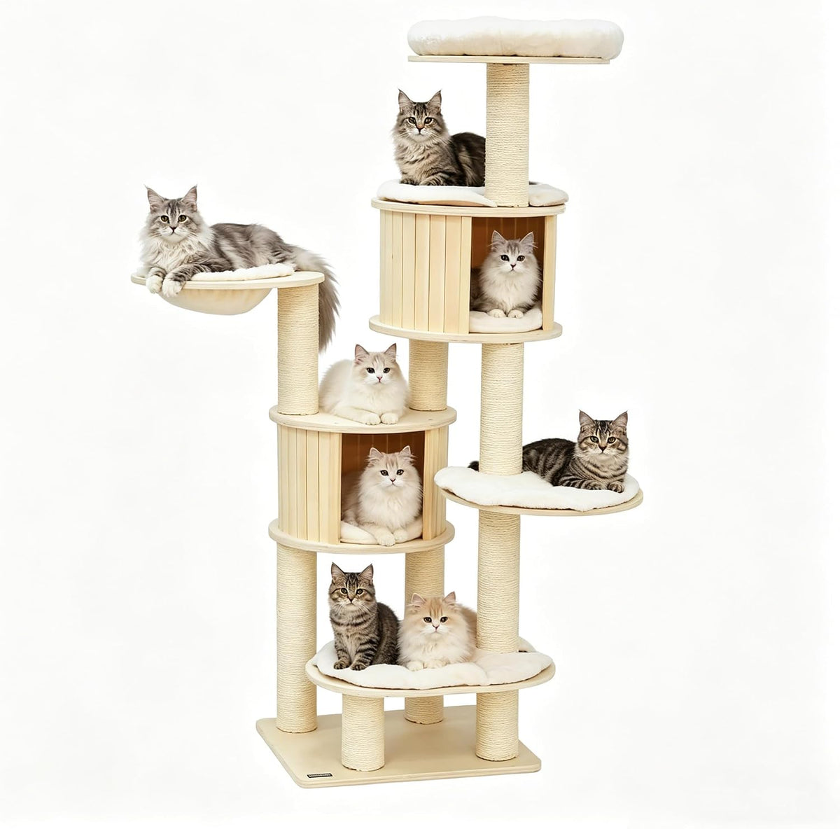 69”H Tall Wood Cat Tree, Large Cat Tower Multi-Level Platforms with Sisal Scratching Posts, Cat Condo for Large Cats 20 lbs Heavy Duty (69” H Wood Brown)