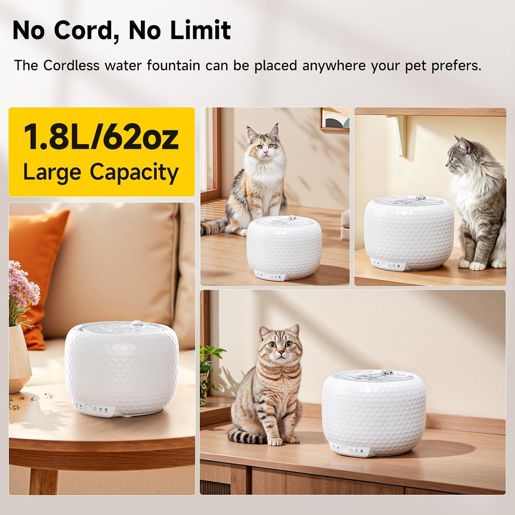 Wireless Cat Water Fountain with 5000mAh Rechargeable Battery, 1.8L/60ozCordless Pet Water Fountain with Ultra Quiet Pump, 2 Flow Modes Automatic Drinking Fountain for Cats & Small Dogs