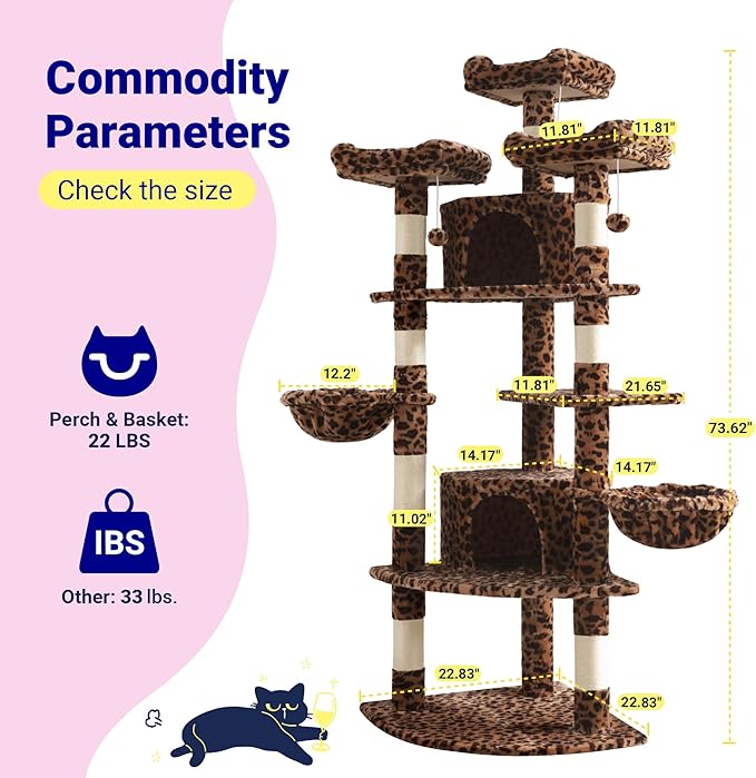 Allewie 73in Fan-Shaped Space-Saving Corner Cat Tower/Multi-Level Tall Cat Tree - Image 7