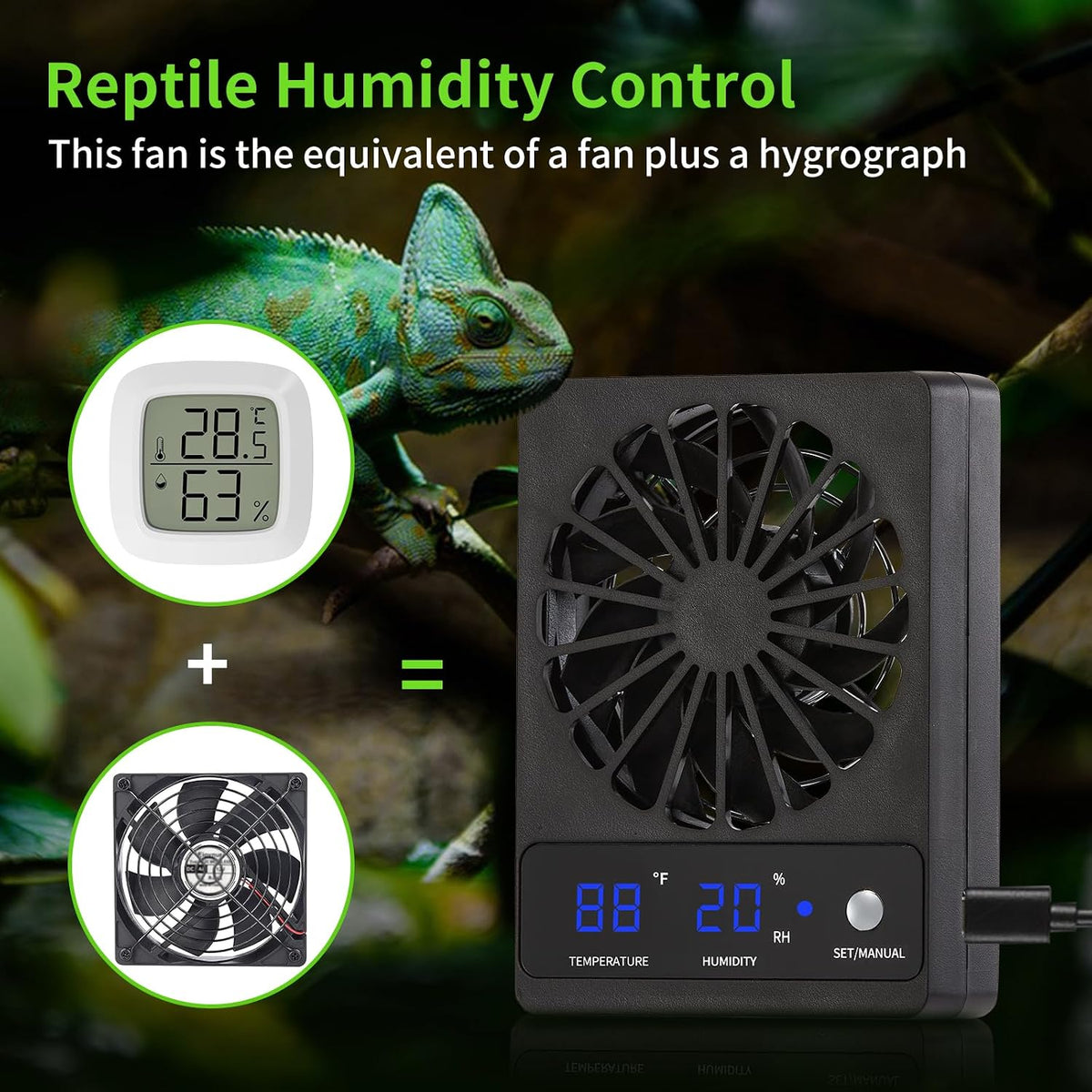 Reptile Tank Fan with Thermometer & Hygrometer | LED Display, Auto Ventilation for Enclosures & Terrariums