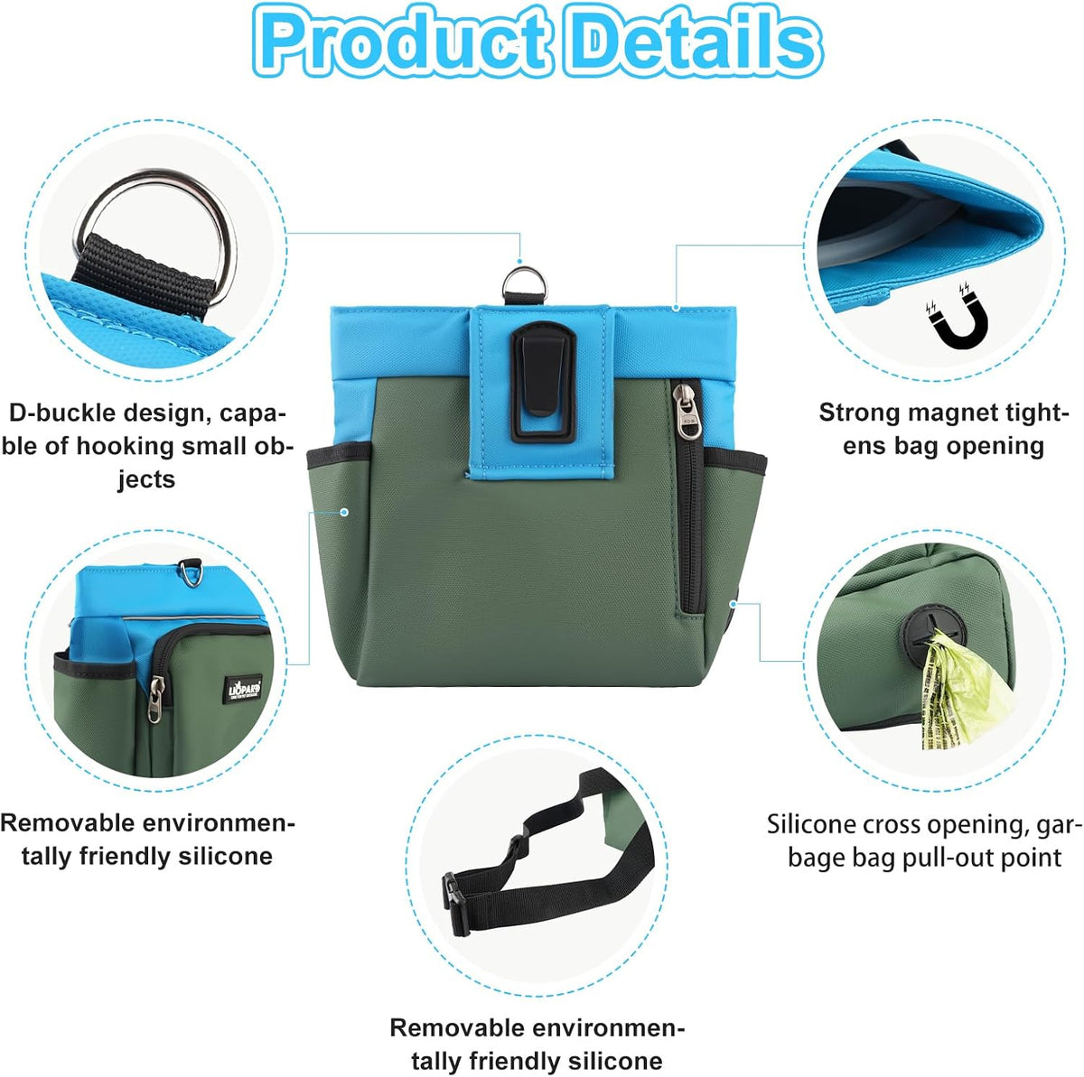 LIOPARD Dog Treat Pouch, Training Bag for Pet Walking, Pet Treat Bag with Silicone Liner, Magnetic Closure with Clicker and Belt Clip, 4-Cup Dog Treats Pouch for Outdoor Training (blue)