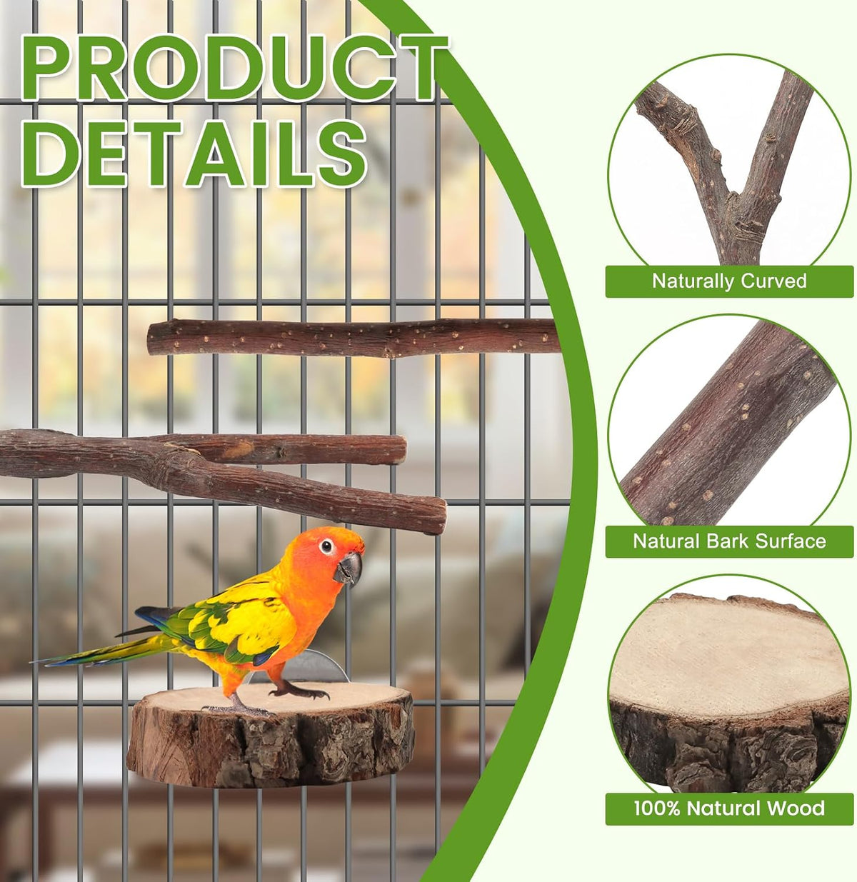 9 Pcs Apple Wood Bird Perch, Platform & Rope Set for Cage
