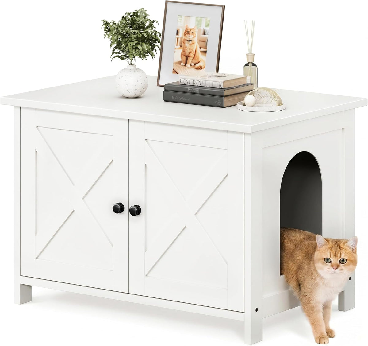 Shintenchi 31.5 inch Cat Litter Box Enclosure, Litter Box Furniture Cabinet Hidden with Removable Divider, Wooden Cat House with End Table, White