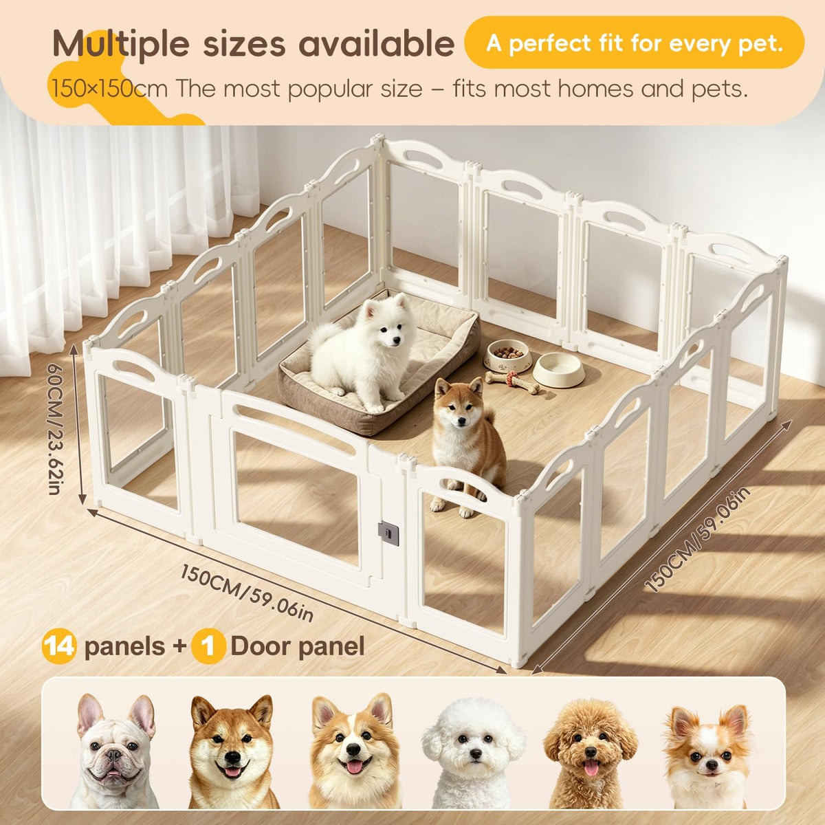 Foldable Clear Acrylic Dog Playpen with Door, 23.6" Acrylic Puppy Playpen, Easy Assemble Indoor Pet Fence with White Frame, Clear Dog Playpen for Puppies & Animal (White, 23.6‘H, 14 Panels + 1 Door)