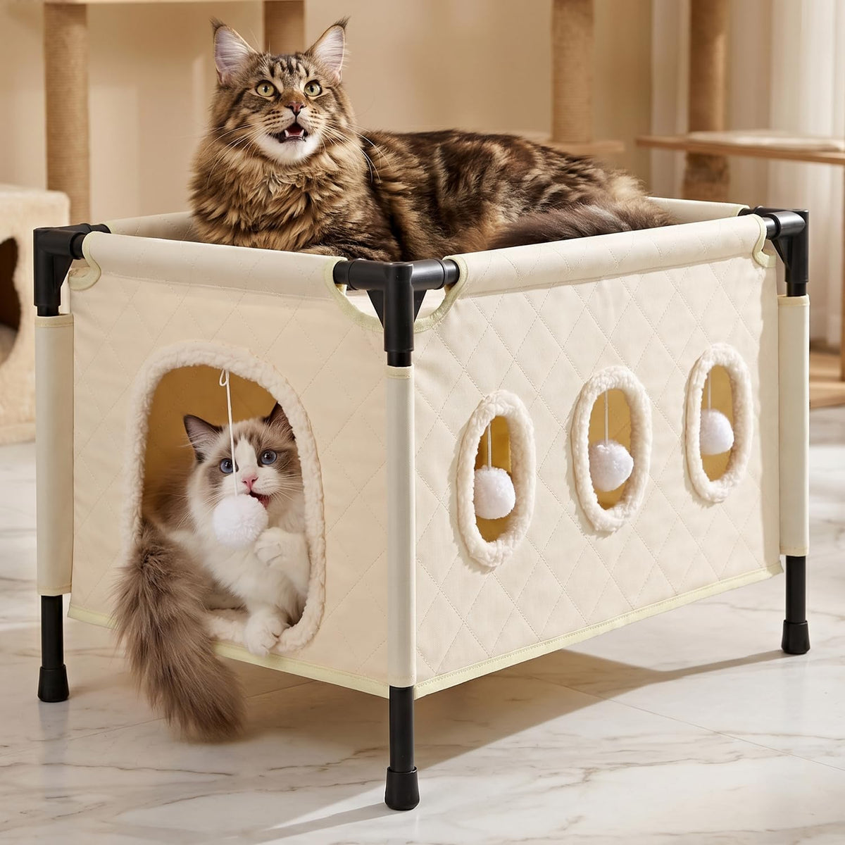 SlowTon Cat Houses for Indoor Cats, Covered Cat Bed Cave Hideaway, Beige, M