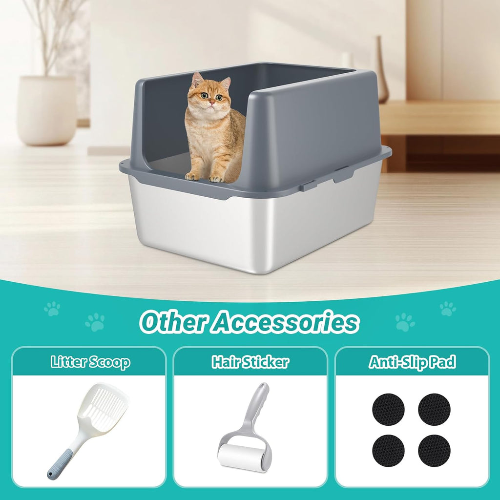 Litter Box with Lid, Stainless Steel Cat Litter Box, 12" High, Grey