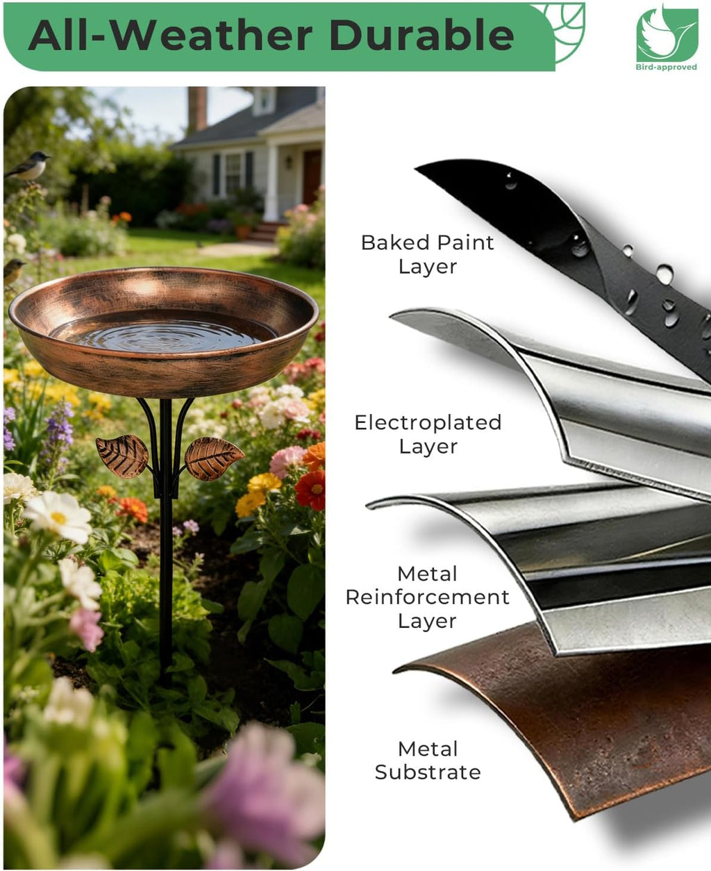 12" Bird Bath for Outside with Stake, Metal Garden Birdbath